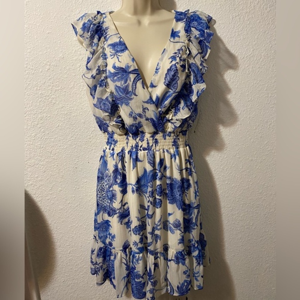 MSK Floral Blue and White Ruffle Mini Dress Size M